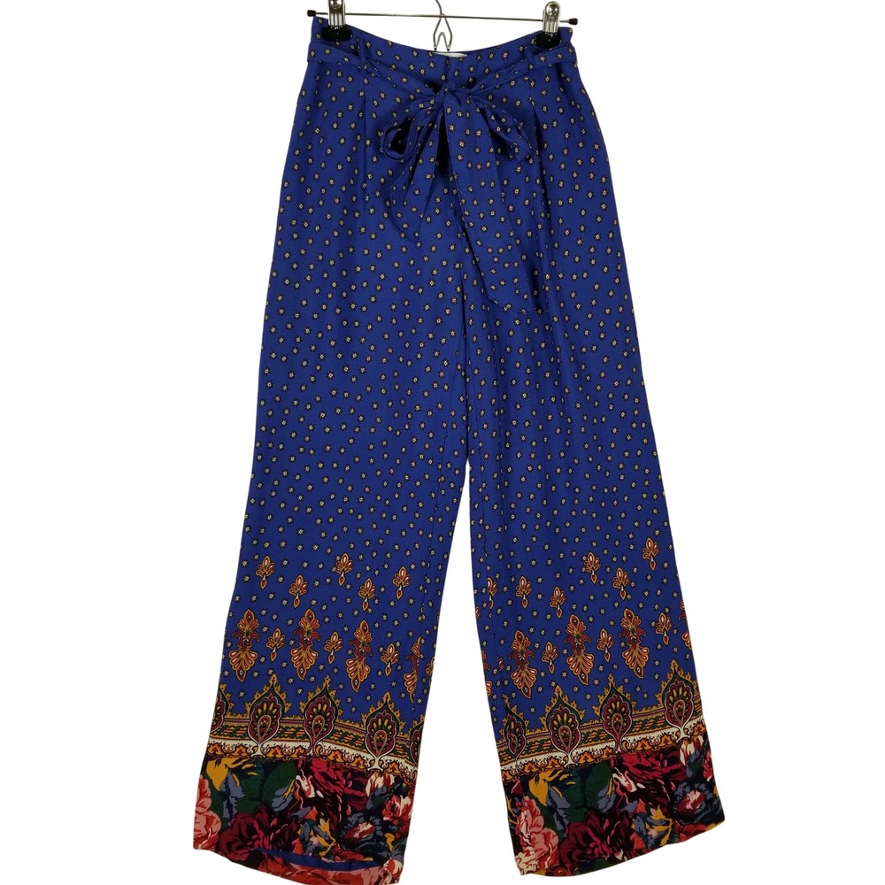 Ottotredici Anthropologie Womens Blue Floral Border Print Wide Leg Pants Size 0